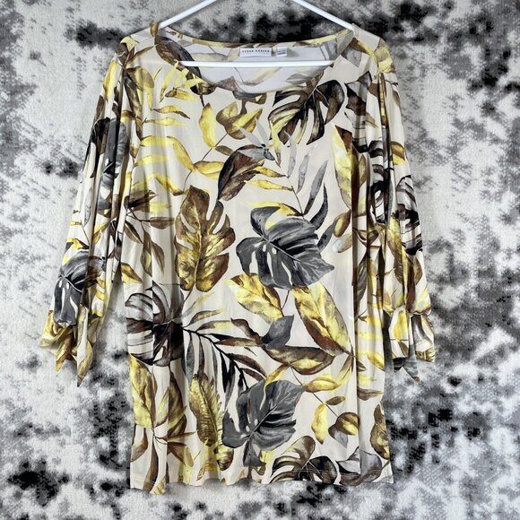 Susan Graver Blouse Womens Size XLP Floral Yellow‎ Performance Stretch - Picture 1 of 10